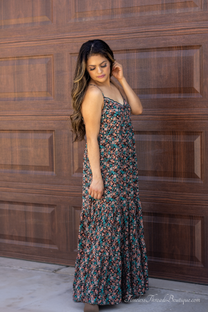 "Luna Vintage Floral Spaghetti Strap V-Neck Maxi Dress from Timeless Threads Boutique, featuring a fall-friendly floral pattern, adjustable spaghetti straps, and a flowing silhouette for elegant seasonal style."