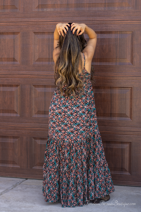 "Luna Vintage Floral Spaghetti Strap V-Neck Maxi Dress from Timeless Threads Boutique, featuring a fall-friendly floral pattern, adjustable spaghetti straps, and a flowing silhouette for elegant seasonal style."