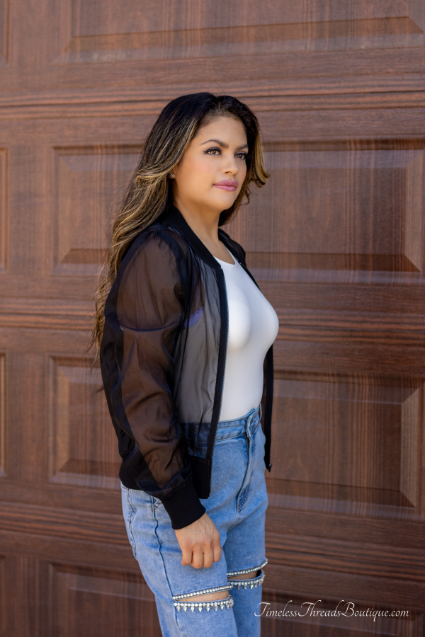 "City Chic Long Sleeve Sheer Bomber Jacket featuring lightweight, sheer fabric and a stylish zipper closure, perfect for a modern, edgy look."