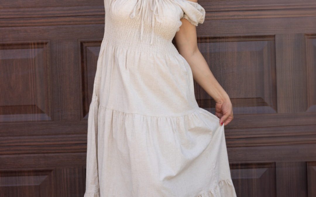 "Serena Cotton Linen Soft Washed Maxi Dress with a tie front that scrunches the bust area, pockets, and versatile off-shoulder design, offering a chic and comfortable look."
