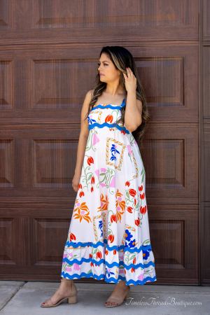 Elara White Floral Wave Strap A-Line Dress