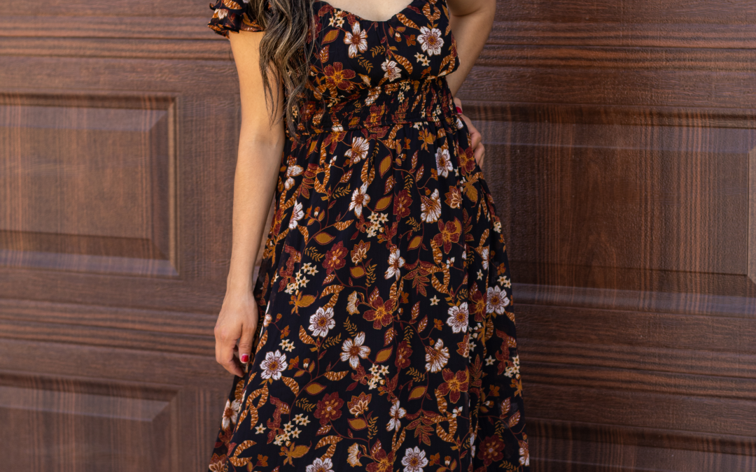 "Isabella Floral Ruffle Back-Tie Midi Dress featuring vibrant multi-colored floral prints, ruffle short sleeves, and a back-tie detail for an elegant and stylish look."