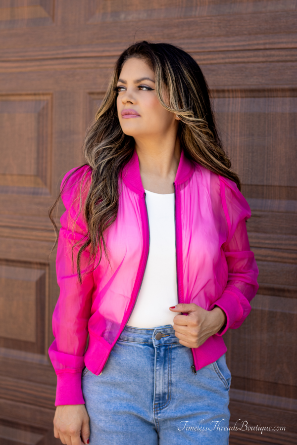 City Chic Long Sleeve Sheer Bomber Pink Jacket featuring lightweight sheer fabric and a soft pink color, perfect for layering and adding a trendy touch to any outfit.