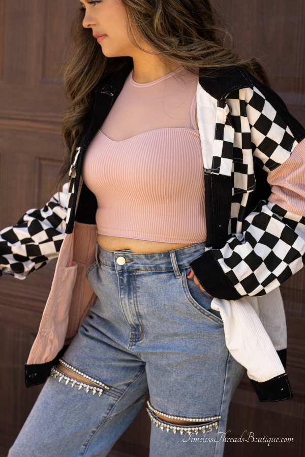 Chloe Color Block Corduroy Jacket in white, black, and pink with checkered contrast, showcasing bold color blocks and soft corduroy fabric.