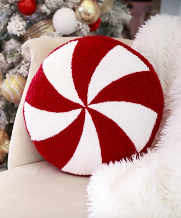 Holiday Peppermint Pillow featuring a festive peppermint candy design, perfect for adding a sweet touch to your holiday decor. Shop now at Timeless Threads Boutique.