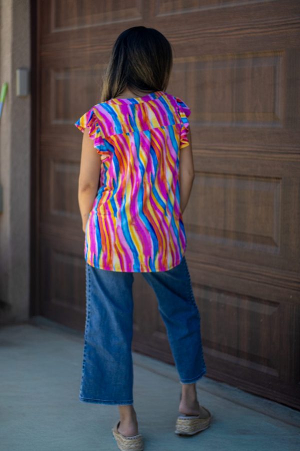 " Seraphina rainbow striped blouse for women, stretchy and wrinkle-free, chic casual top for everyday wear."
