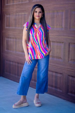 " Colorful Seraphina Blouse, boutique fashion top, lightweight and comfortable, perfect for work or brunch."