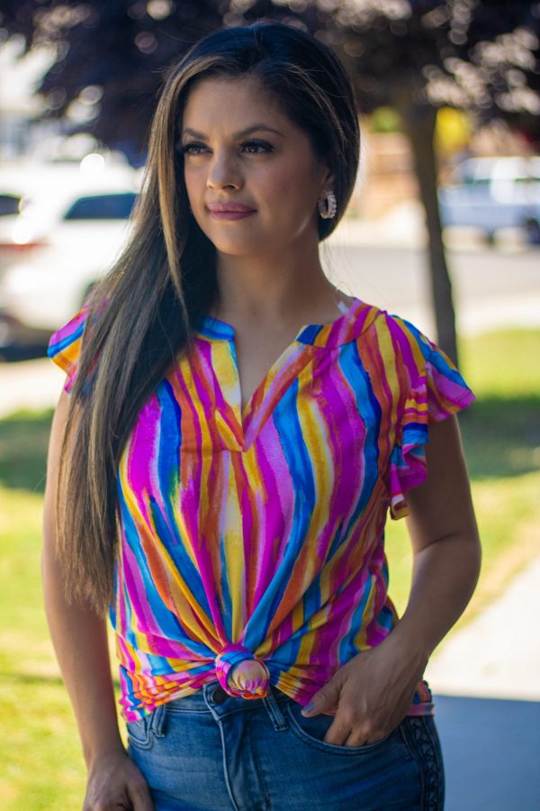 " Colorful Seraphina Blouse, boutique fashion top, lightweight and comfortable, perfect for work or brunch."