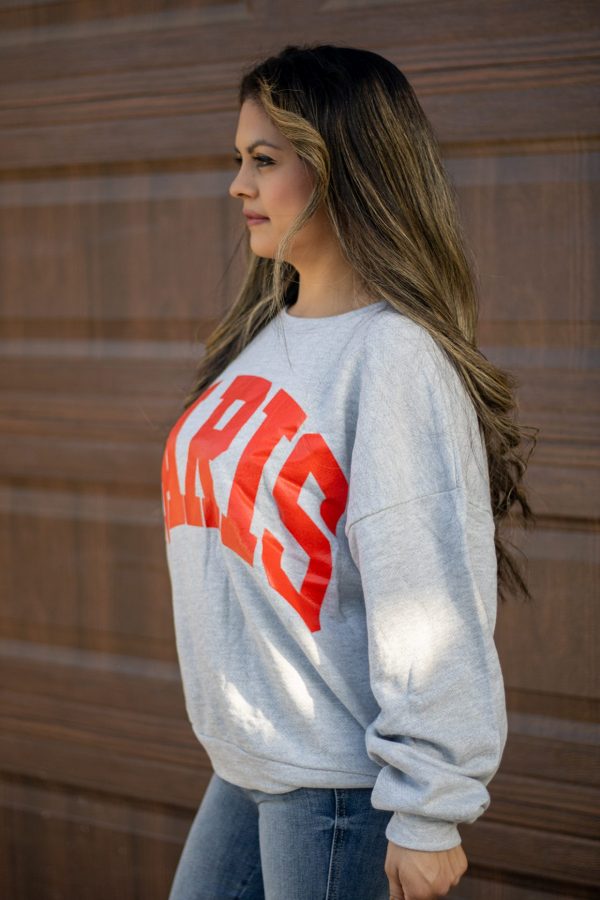 “Grey terry sweater with bold red Paris lettering – The Camille Paris Sweater from Timeless Threads Boutique”
