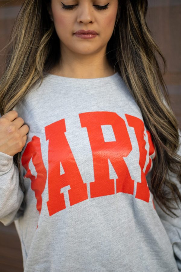 “Grey terry sweater with bold red Paris lettering – The Camille Paris Sweater from Timeless Threads Boutique”