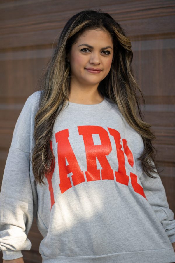 “Grey terry sweater with bold red Paris lettering – The Camille Paris Sweater from Timeless Threads Boutique”