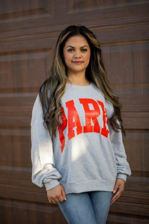 “Grey terry sweater with bold red Paris lettering – The Camille Paris Sweater from Timeless Threads Boutique”