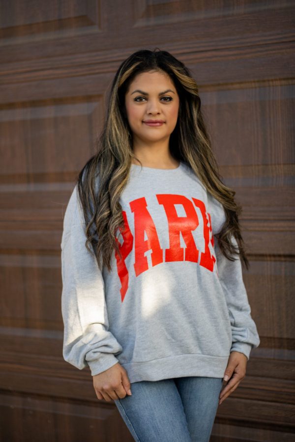 “Grey terry sweater with bold red Paris lettering – The Camille Paris Sweater from Timeless Threads Boutique”
