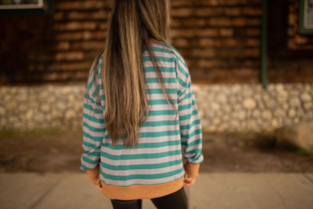 Teal and gray striped sweatshirt with caramel ribbed cuffs and hem, shown in natural outdoor lighting.